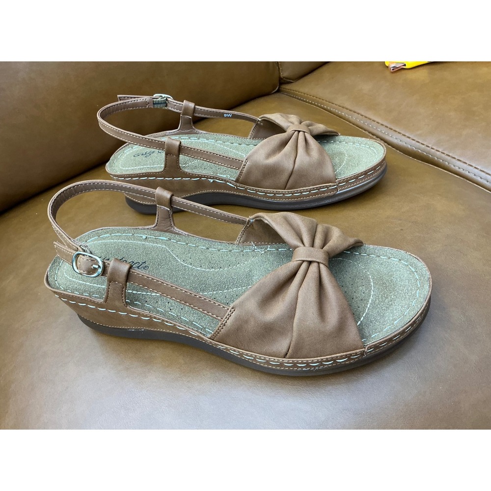 Easy Street Jupiter Wedge Sandals Women 9W‎ Tan New Bow Slingback 31-2144